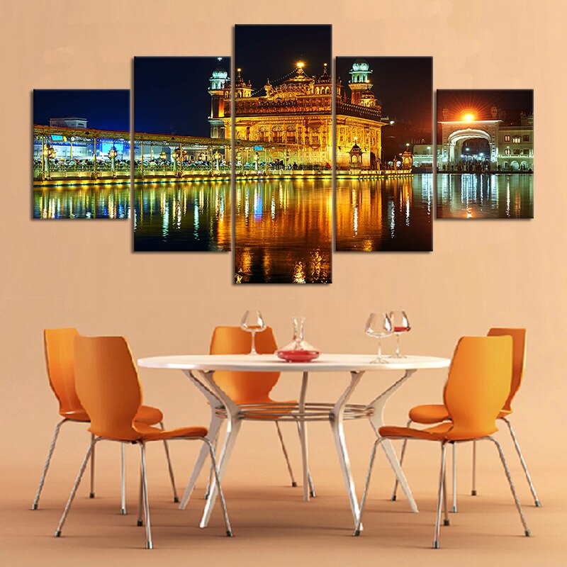 5 Piece Night Light Scenery Famous Indian Landmark Sikh Gurdwara Golden Temple Landscape Canvas Painting Room Decor Wall Sticker