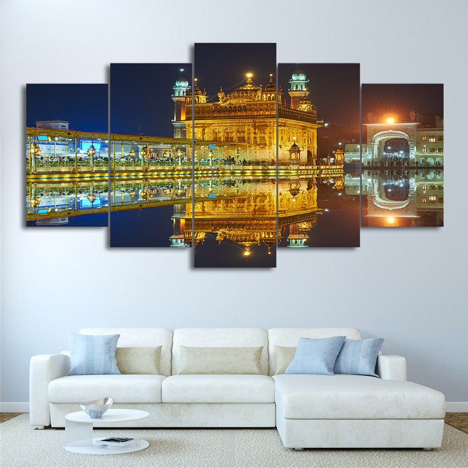 5 piece HD Print Amritsar Night View Sikh temple Canvas Painting Wall Art Posters and Prints Framed Modular Canvas