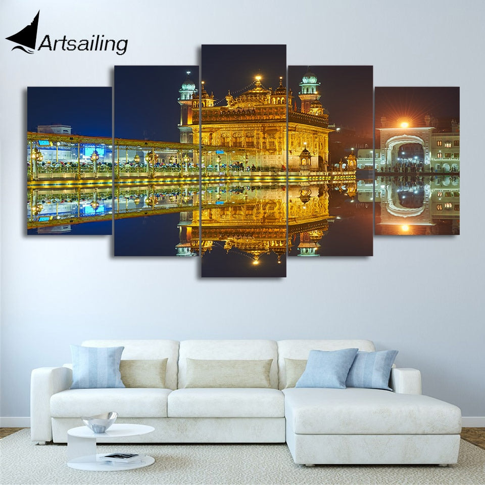 5 piece HD Print Amritsar Night View  Sikh temple Canvas Painting Wall Art Posters and Prints Framed Modular Canvas CU-2675C